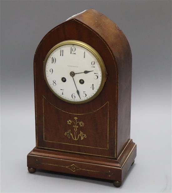 An Edwardian brass-inlaid mahogany lancet mantel clock, retailed by Elkington & Co. Ltd height 34cm